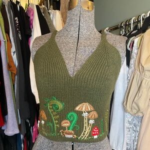 Green crochet knit top with embroidered mushroom design Size small